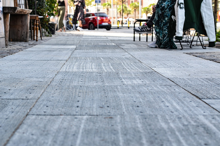 A special, permeable pavement catches rainwater that falls on it